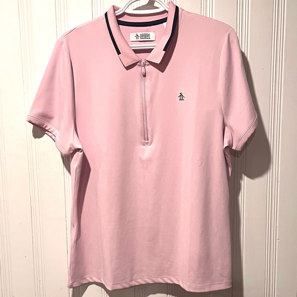 Original Penguin Ladies Pink/ white Polo Shirt short sleeve 1/4 zip Golf NWOT
